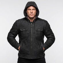 Laden Sie das Bild in den Galerie-Viewer, Men’s Matte Black Leather Biker Jacket – Removable Hood Moto Coat