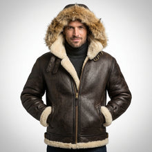 Load image into Gallery viewer, Men’s B-3 Hooded Sheepskin Bomber Leather Jacket – Premium Shearling Flight Coat