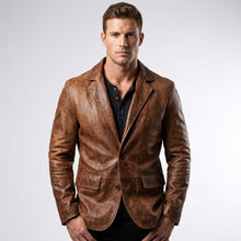 Load image into Gallery viewer, Men’s Distressed Brown Leather Blazer – Classic Two-Button Tailored Jacket