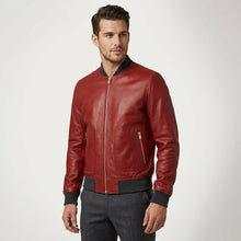 Load image into Gallery viewer, Men’s Red Lambskin Leather Bomber Jacket – Premium Fashion Casual Coat