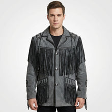 Load image into Gallery viewer, Men’s Western Cowboy Jacket – Black Fringe Suede Leather Coat