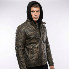 Load image into Gallery viewer, Men’s Gatsby Distressed Brown Leather Jacket – Quilted Shoulder Cafe Racer Jacket