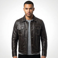 Laden Sie das Bild in den Galerie-Viewer, Men’s Dark Brown Leather Trucker Jacket – Contrast Stitch Snap Button Coat