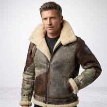 Laden Sie das Bild in den Galerie-Viewer, Men’s B-3 Leather Bomber Jacket – 100 Missions Aviation Shearling Flight Coat