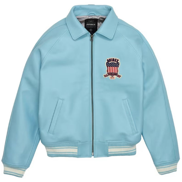 Own the Streets: Stylish Sky Blue Leather Jacket for Men by Avirex