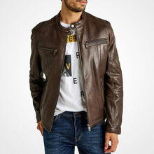 Load image into Gallery viewer, Men's Brown Slim Fit Leather Jacket – Classic Biker Style