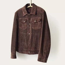 Load image into Gallery viewer, Custom Brown Suede Leather Trucker Jacket for Men