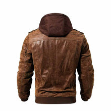Laden Sie das Bild in den Galerie-Viewer, Men's Distressed Brown Leather Hood Jacket Leather Outlet