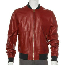 Load image into Gallery viewer, Men’s Red Lambskin Leather Bomber Jacket – Stylish & Lightweight