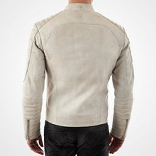 Load image into Gallery viewer, Men’s Off-White Stand Collar Leather Biker Jacket