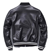 Load image into Gallery viewer, Mens Black leather zippers varsity bomber jacket