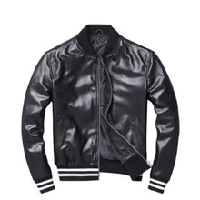 Load image into Gallery viewer, Mens Black leather zippers varsity bomber jacket