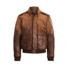 Load image into Gallery viewer, Mens Brown Vintage Hand Detailed Leather Bomber Jacket Leather Outlet