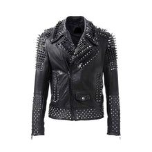 Laden Sie das Bild in den Galerie-Viewer, Mens Slim Fit Black Leather Studded Jacket Leather Outlet