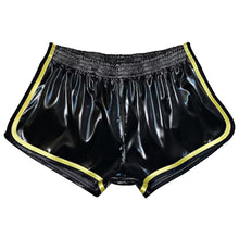 Load image into Gallery viewer, Mens shiny slippery black yellow satin shorts
