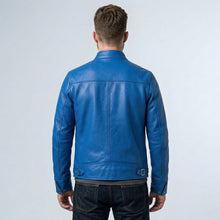 Laden Sie das Bild in den Galerie-Viewer, Men’s Blue Trucker Style Cafe Racer Leather Jacket – Motorcycle Biker Jacket