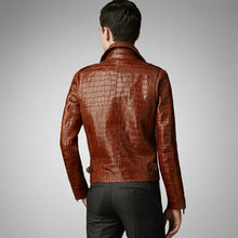 Load image into Gallery viewer, Men’s Brown Croc Embossed Leather Biker Jacket – Premium Moto Jacket