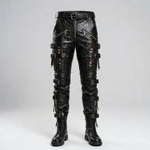 Load image into Gallery viewer, Men’s Gothic Black Sheepskin Leather Pants – Slim Fit Biker Trousers