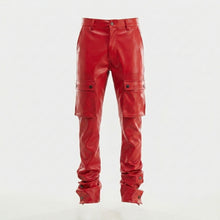 Load image into Gallery viewer, Men's Red Leather Cargo Pants – Slim Fit Biker Utility Trousers