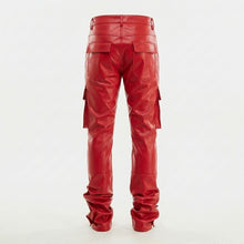 Load image into Gallery viewer, Men's Red Leather Cargo Pants – Slim Fit Biker Utility Trousers
