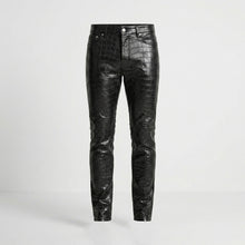 Load image into Gallery viewer, Men’s Black Crocodile Embossed Genuine Leather Biker Pants – Slim Fit Moto Trousers