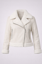 Load image into Gallery viewer, Women's Cream Suede Shearling Moto Jacket