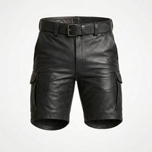 Load image into Gallery viewer, Men’s Leather Cargo Shorts – Utility Biker Streetwear Shorts
