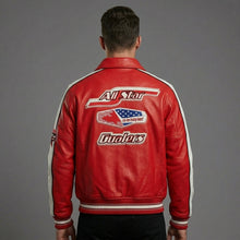 Load image into Gallery viewer, Men’s Classic Leather Moto Jacket – Orange & Cream Contrast Panel Design