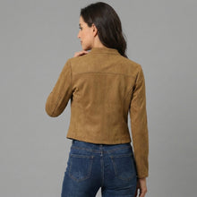 Laden Sie das Bild in den Galerie-Viewer, Women's Brown Suede Cropped Moto Jacket