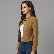 Laden Sie das Bild in den Galerie-Viewer, Women's Brown Suede Cropped Moto Jacket