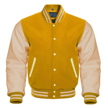 Load image into Gallery viewer, Varsity Letterman Yellow Wool and Leather Sleeves Jacket Leather Outlet