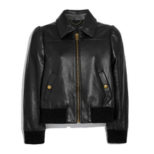 Load image into Gallery viewer, Women Black Shearling Leather Bomber Jacket
