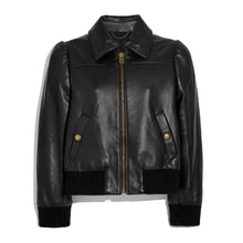 Load image into Gallery viewer, Women Black Shearling Leather Bomber Jacket