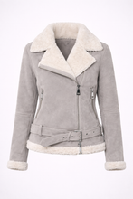 Load image into Gallery viewer, Women's Grey Leather & White Shearling Jacket