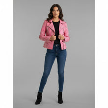 Load image into Gallery viewer, Women’s Pink Studded Leather Biker Jacket – Genuine Moto Jacket