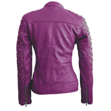 Laden Sie das Bild in den Galerie-Viewer, Royal Amethyst gesteppte Leder-Bikerjacke – Lila Moto mit goldener Hardware
