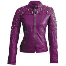 Laden Sie das Bild in den Galerie-Viewer, Royal Amethyst gesteppte Leder-Bikerjacke – Lila Moto mit goldener Hardware
