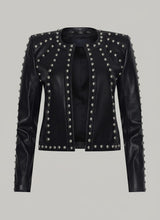 Laden Sie das Bild in den Galerie-Viewer, Damen Schwarze Nieten-Leder-Bikerjacke – Echte Motorradjacke mit silbernen Nieten
