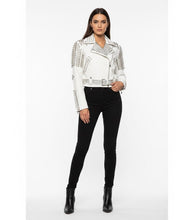 Load image into Gallery viewer, Women’s Black Cropped Leather Jacket – Gold Studded Moto Style