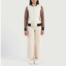 Load image into Gallery viewer, Womens White & Brown Varsity Jacket