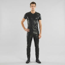 Load image into Gallery viewer, Men’s Premium Lambskin Leather T-Shirt – Luxury Slim Fit Leather Tee