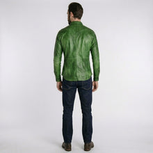 Load image into Gallery viewer, Men’s Green Napa Lamb Leather Biker Shirt – Premium Slim Fit Leather Shirt Jacket