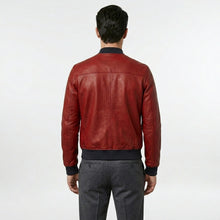 Laden Sie das Bild in den Galerie-Viewer, Men’s Red Lambskin Leather Bomber Jacket – Slim Fit Fashion Aviator Coat