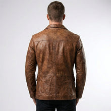 Load image into Gallery viewer, Men’s Distressed Brown Leather Blazer – Classic Two-Button Tailored Jacket