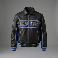 Load image into Gallery viewer, Men’s Black & Blue Leather Varsity Jacket – Premium Urban Bomber Style