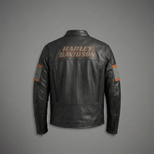 Laden Sie das Bild in den Galerie-Viewer, Herren Harley-Davidson Style Motorradjacke aus schwarzem Leder – Orange Script Edition