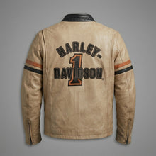 Laden Sie das Bild in den Galerie-Viewer, Harley-Style Motorrad-Lederjacke für Herren – Heritage Edition Cremefarben & Schwarz