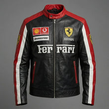Load image into Gallery viewer, Men’s Black & Grey Leather Moto Jacket – Racing Style Genuine Leather