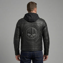 Laden Sie das Bild in den Galerie-Viewer, Herren Hybrid Leder Hoodie Jacke – Harley-Style Kapuzen-Motorradbomber