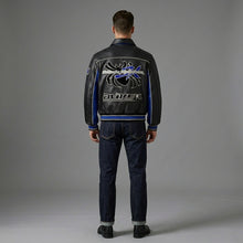 Load image into Gallery viewer, Men’s Black & Blue Leather Varsity Jacket – Premium Urban Bomber Style